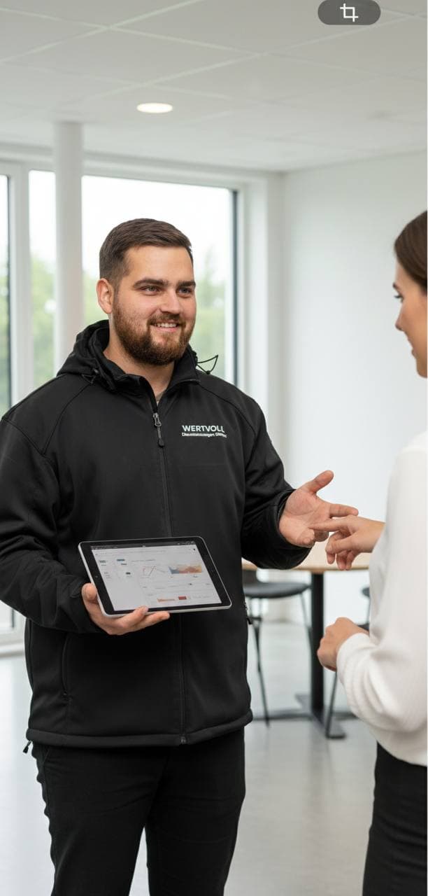 Markus Knaub bei der persönlichen Kundenberatung mit Tablet — Ihr Ansprechpartner für Schimmelpilzbegutachtung in Bielefeld